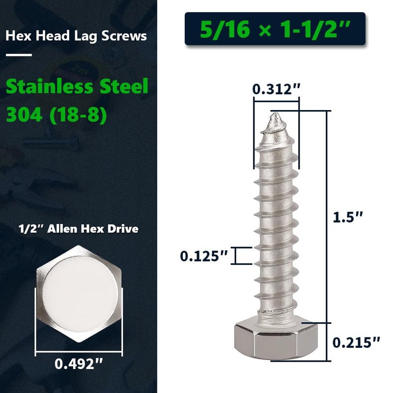 RoyceMart 12-Sets 5/16 x 1-1/2" Hex Head Lag Screws & Flat Washers, Heavy Duty Lag Wood Screws, 304 Stainless Steel (18-8), 5/16" Bolt - Image 2